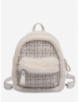 Plaid Fluffy Design Backpack - White