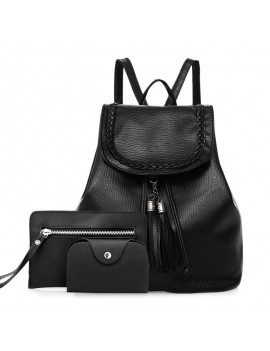 Tassel Faux Leather Backpack Set - Black