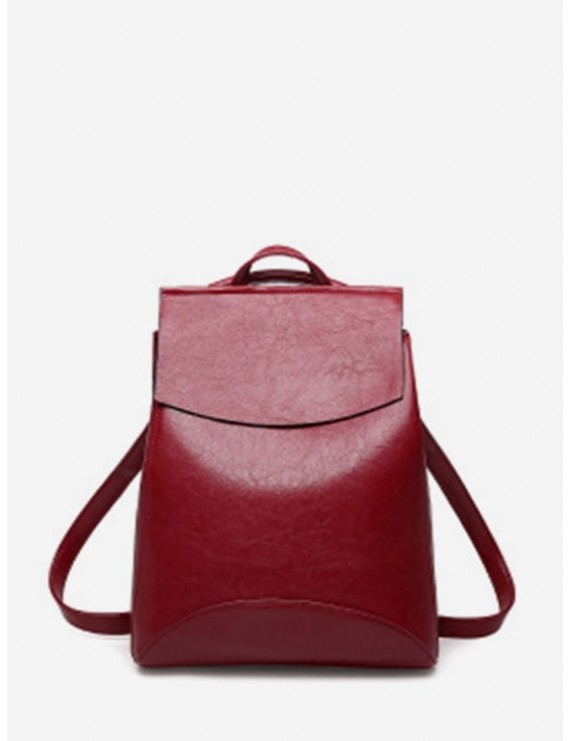 Simple Flap PU Leather College Backpack - Red Wine