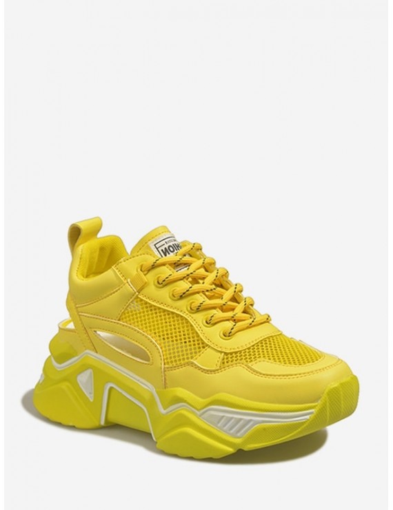 Lace-up Mesh Trim Platform Sport Shoes - Yellow Eu 40
