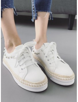 Faux Pearl Decorative Low Top Espadrille Sneakers - White 38