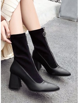Front Zip Chunky Heel Pointed Toe Patch Boots - Black Eu 38