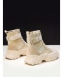 Casual Leather Trim Platform Short Boots - Beige Eu 38