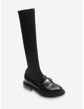Metal Detail Patch Sock Knee High Boots - Black Eu 35