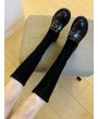 Metal Detail Patch Sock Knee High Boots - Black Eu 35
