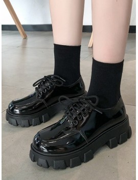 Plain Patent Leather Platform Short Boots - Black Eu 37