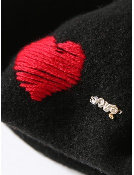 Heart Rhinestone Painter Beret Hat - Black