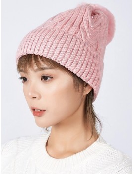 Fuzzy Ball Winter Knitted Solid Pearl Hat - Light Pink
