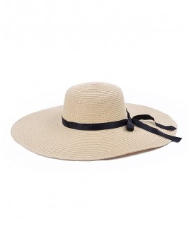 Bowknot Decorate Solid Straw Sun Floppy Hat - Beige
