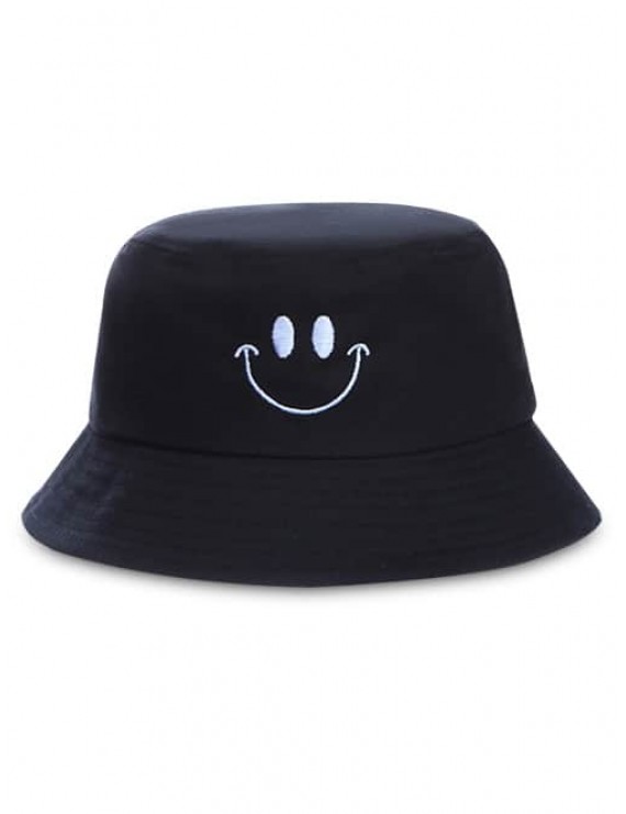 Embroidery Smile Face Bucket Hat - Black