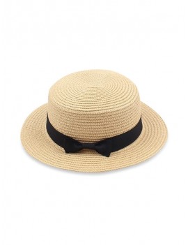 Bowknot Flat Straw Sun Hat - Cornsilk
