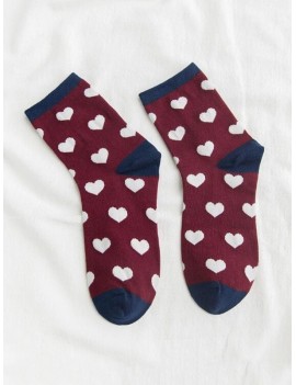 Heart Printed Crew Length Socks - Red Wine