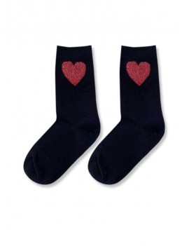 Heart Patterned Crew Length Socks - Black