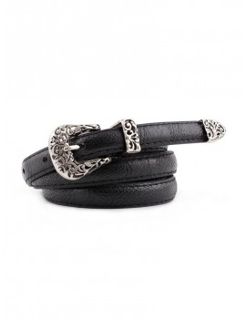 Retro Carved Buckle PU Leather Thin Belt - Black