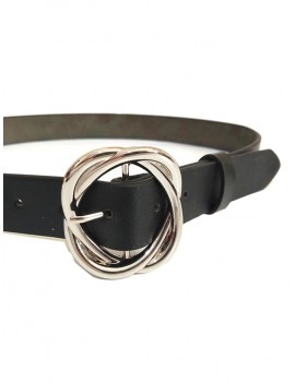 Twining Pattern Buckle Design Leather Thin Belt - Black