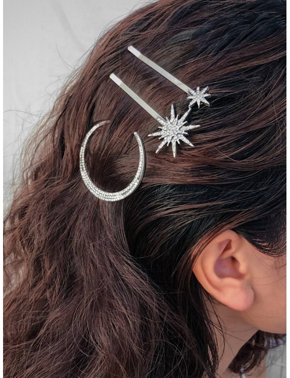 Full Rhinestone Moon Snowflake Star Hairpin Set - Silver