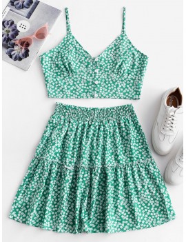 Floral Print Buttoned A Line Skirt Set - Green M