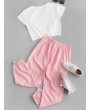 Letter Crop Tee And Jogger Pants Set - Pink M