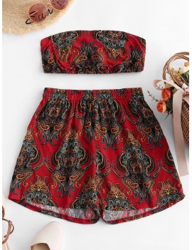  Smocked Hippie Paisley Bandeau Top And Shorts Set - Red S