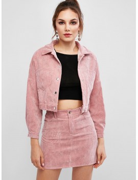 Corduroy Drop Shoulder Pocket Skirt Set - Pink M
