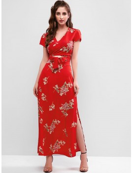 Floral Print Tie Front Overlap Skirt Set - Red L