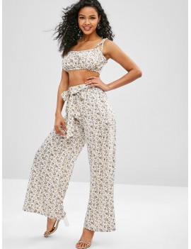  Tiny Floral Cami Top And Belted Pants Set - White M