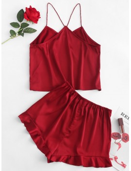  Cami Top And Ruffle Hem Mini Shorts Satin Co Ord Set - Red Wine S