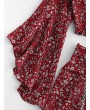 Flare Sleeve Knotted Floral Blouse And Flounce Shorts Set - Red Wine M