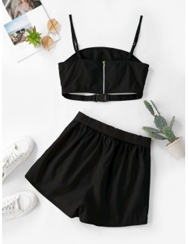  Buckle Zip Pocket Belted Two Piece Shorts Set - Black S