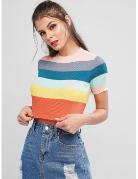 Knitted Rainbow Color Block Striped Tee - Multi