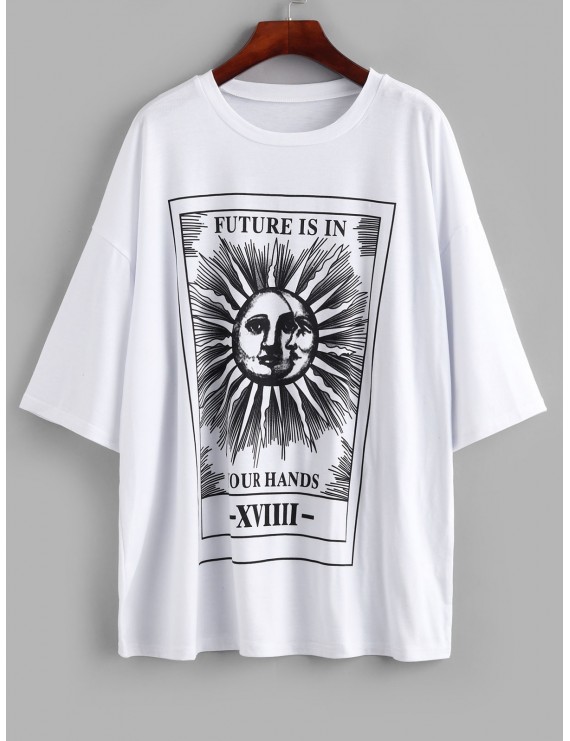 Sun And Moon Letter Print Loose Tee - White M