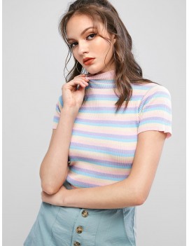 Ribbed Colorful Stripes Knit Tee - Multi