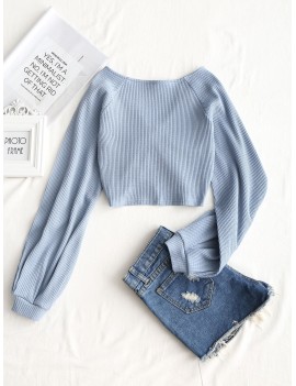 Textured Knitted Gathered Top - Grey Blue S