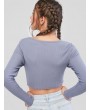  Button Up Ribbed Crop Tee - Blue Gray M