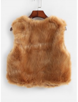 Solid Open Front Faux Fur Waistcoat - Camel Brown L