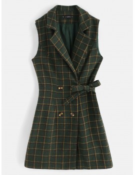  Plaid Double Breasted Lapel Waistcoat - Dark Forest Green M