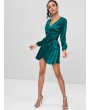 Long Sleeve Wrap Mini Satin Dress - Greenish Blue S
