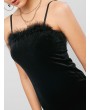  Feather Trim Velvet Bodycon Club Dress - Black S