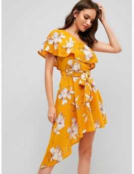 Flounce Floral Asymmetrical One Shoulder Dress - Yellow L