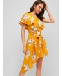 Flounce Floral Asymmetrical One Shoulder Dress - Yellow L