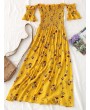 Floral Slit Smocked Off Shoulder Midi Dress - Yellow S