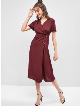 Low Cut Buttoned A Line Solid Dress - Red Wine S