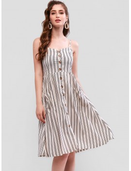 Striped Smocked Back Pockets Cami Dress - White M