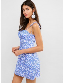  Tie Shoulder Floral Cami Summer Dress - Sky Blue L
