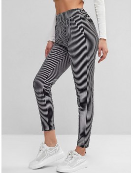 High Waisted Stripes Pockets Straight Pants - Multi-a S