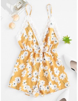 Lace Trim Scalloped Floral Criss Cross Romper - Yellow M
