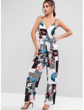 Striped Floral Print Belted Wide Leg Jumpsuit - Multi S