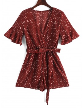 Surplice Belted Dotted Romper - Red S