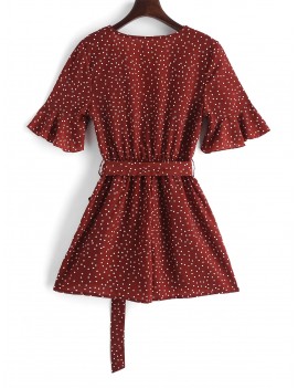 Surplice Belted Dotted Romper - Red S