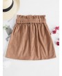 Button Fly Corduroy Belted Paperbag Skirt - Brown S